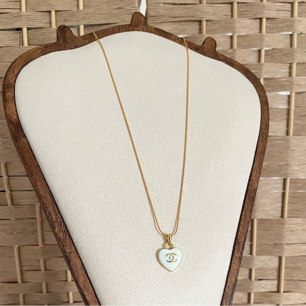 Designer Gold White Heart Pendant Charm Rope Chain Repurposed Necklace